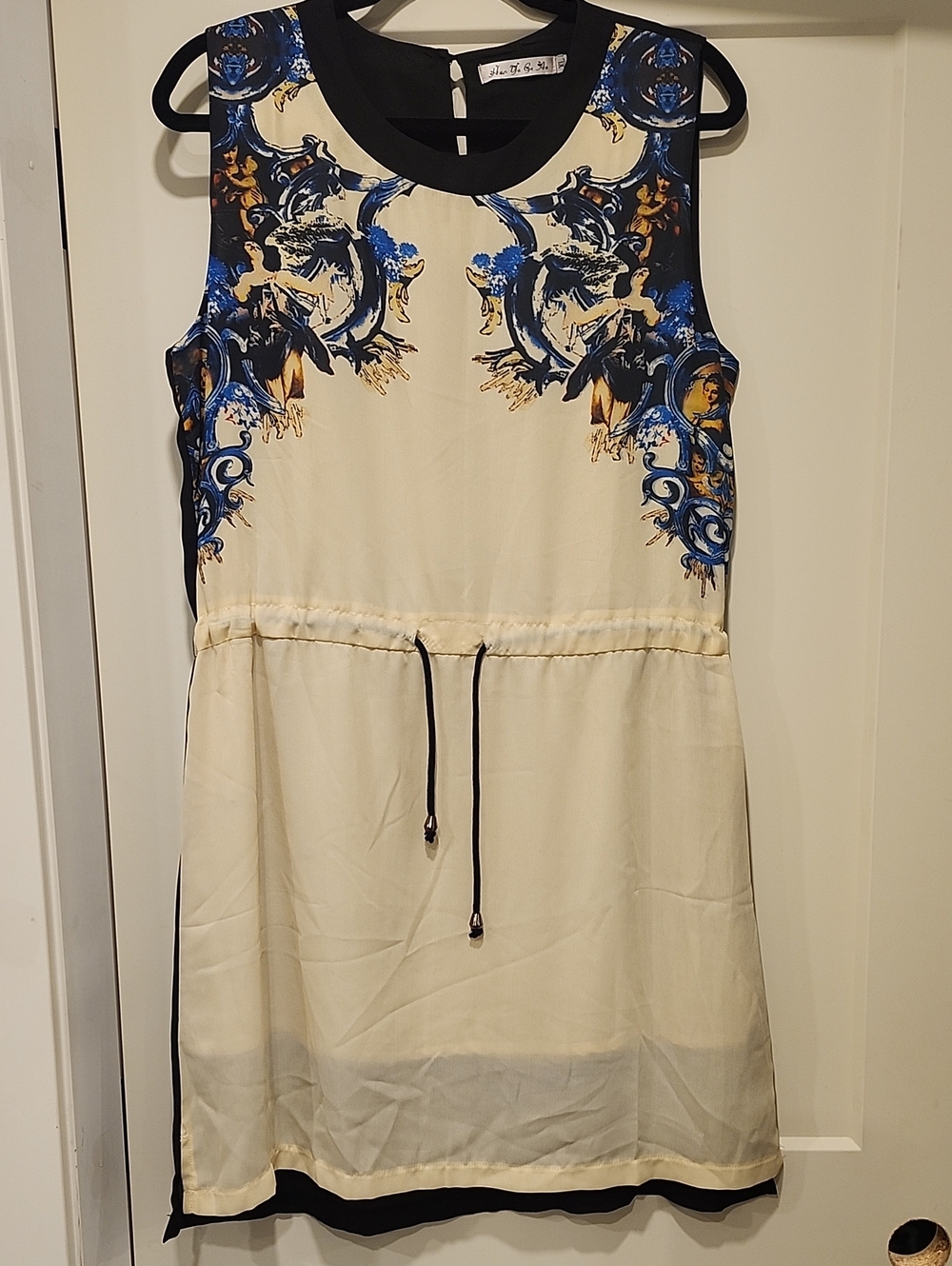 Sleeveless Cream & Blue Printed Drawstring Waist Dress
